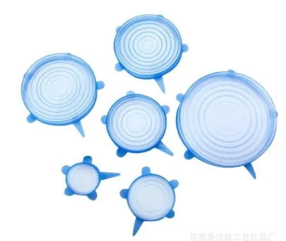 Six round stretch silicone covers in assorted colours, sizes 2.6 to 8.3 inches