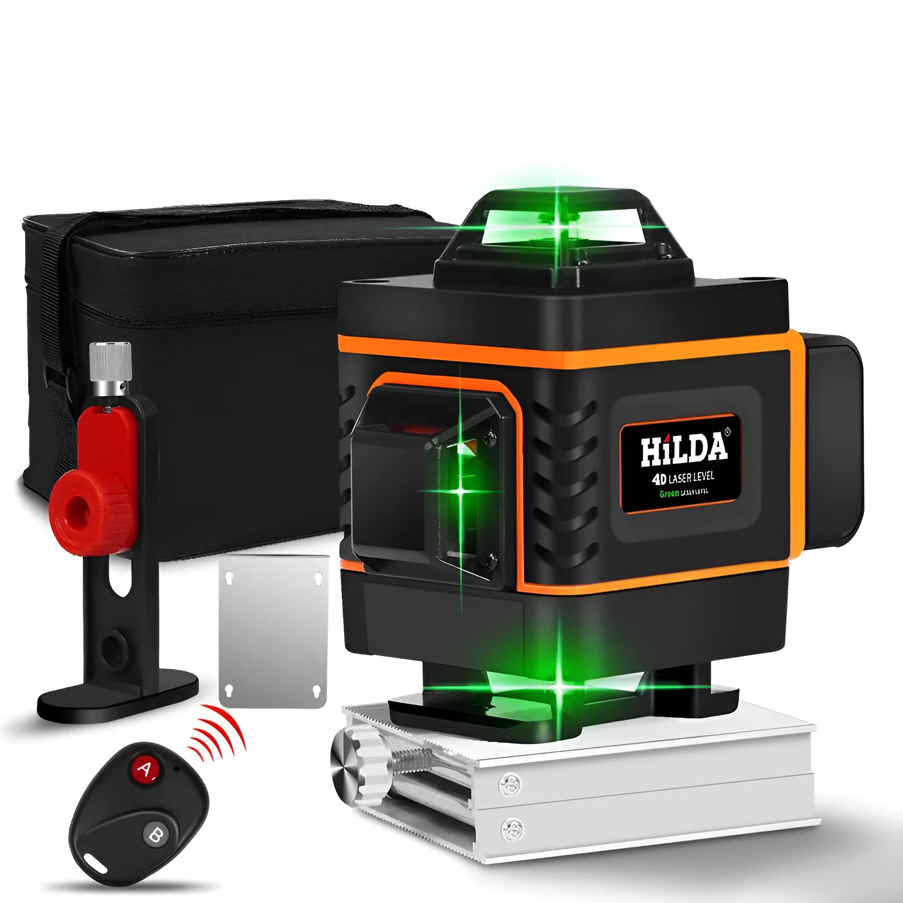 Rotating laser level with orange level meter displaying 16 alignment lines