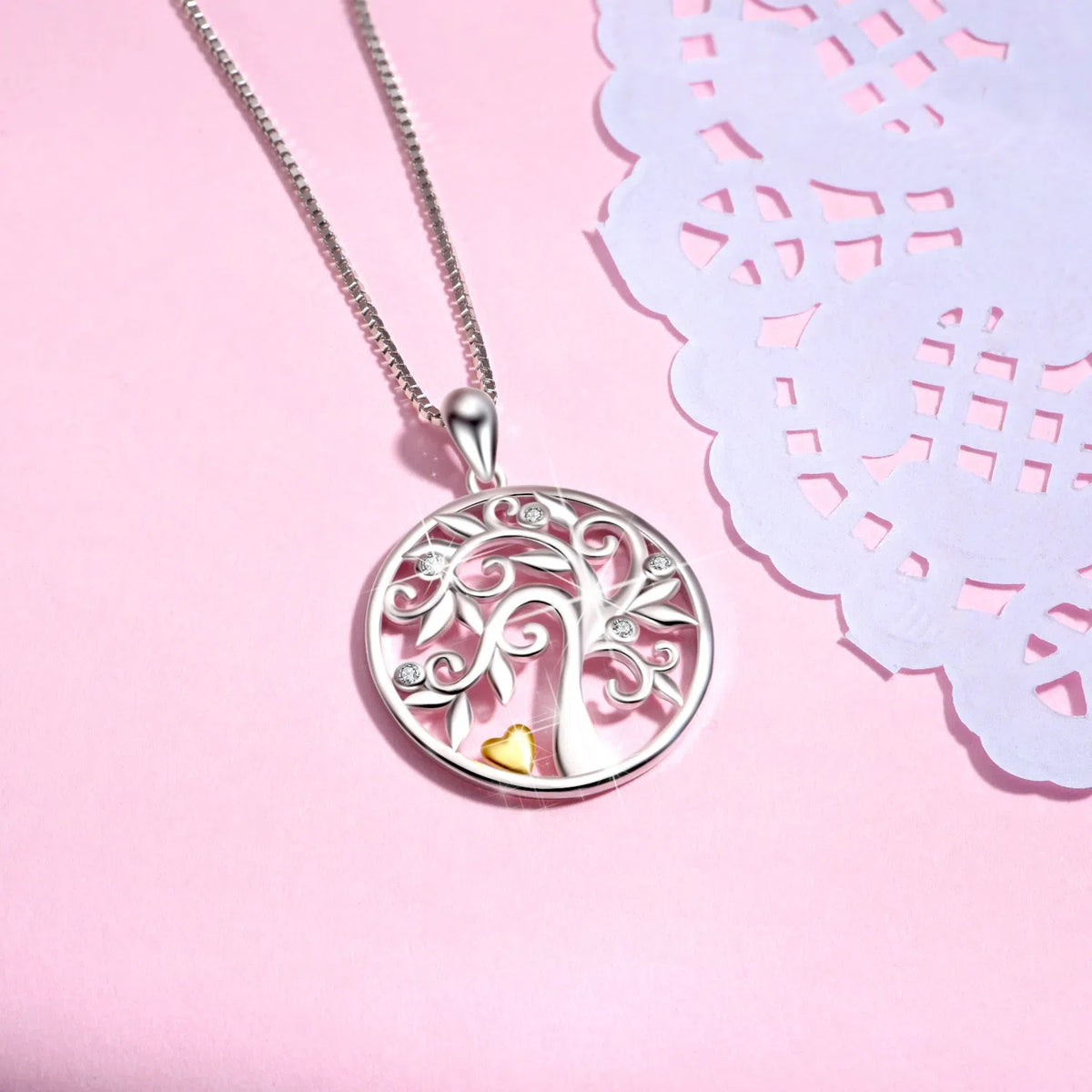 Hollow out tree of life pendant necklace in 925 sterling silver with micro inlaid zircon, 27.51mm by 20.94mm pendant, 18 inch chain