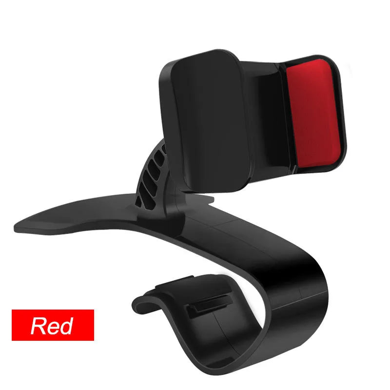 Dashboard car phone holder with silicone-grip bracket mounted on vehicle dashboard edge holding a smartphone