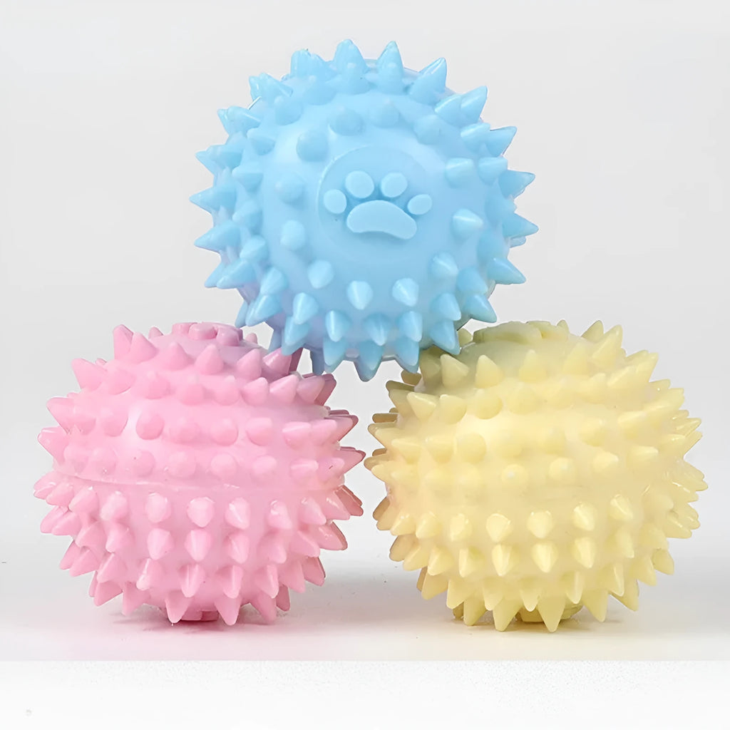 6cm blue TPR rubber dog chewing ball with textured footprint design for tooth cleaning