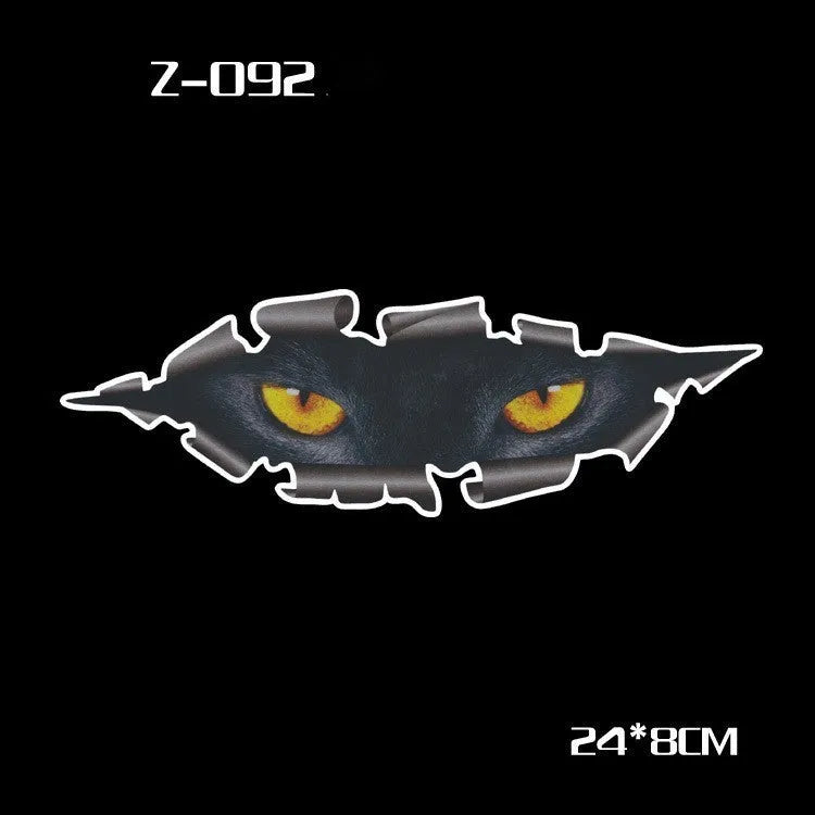 A pair of reflective cartoon eye car stickers made from PET vinyl, designed for vehicle body or rearview mirror.