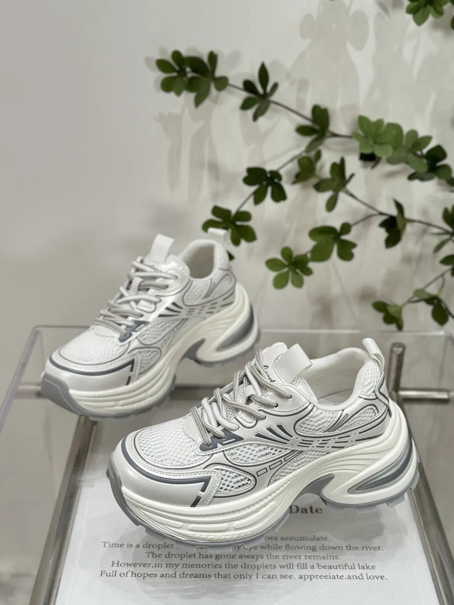 Vintage genuine leather platform dad shoes for women, low top flat heel round toe, silver colour, front lace-up