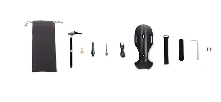 Black cordless bike inflator 150PSI with LCD display, air tube, and converters, size 5 x 5 x 18cm