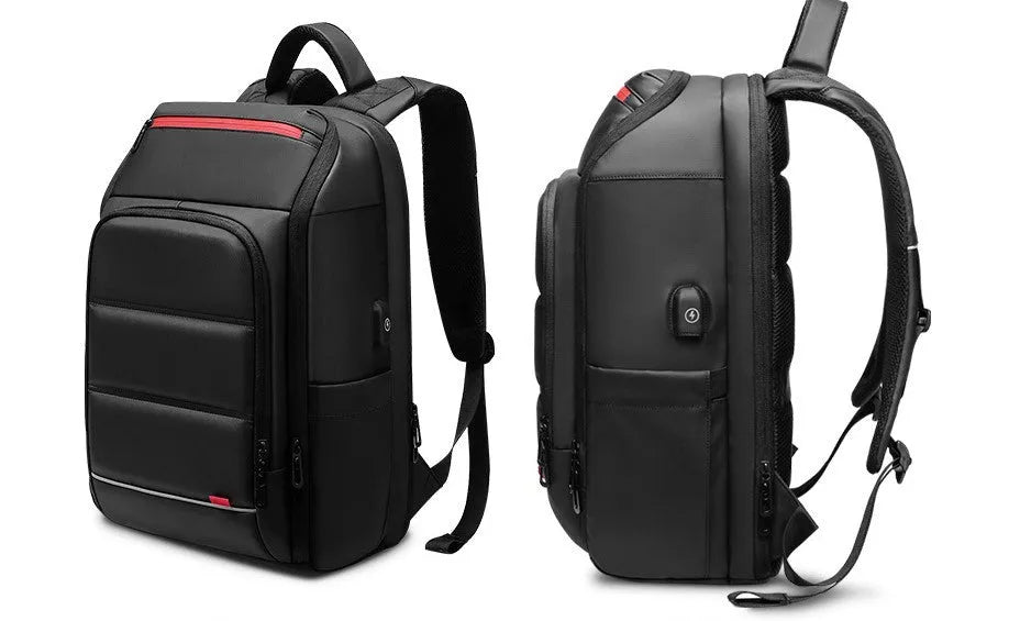 Black waterproof PVC backpack with USB charge port and compartments for 15.6 inch laptop