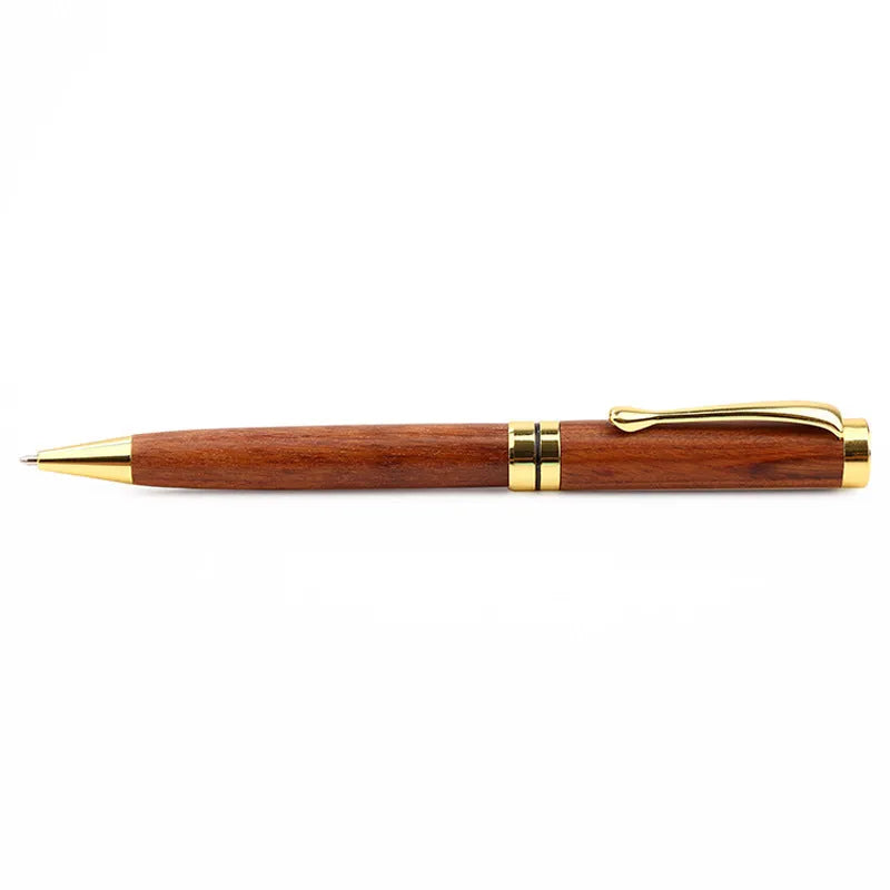 Rosewood and metal ballpoint pen 14cm long with gold and silver finish options on a white background