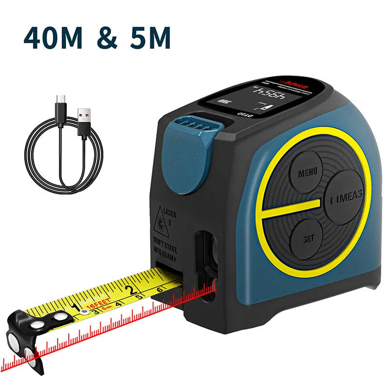 Black infrared laser rangefinder DT10 with digital display and 5 metre nylon tape measure