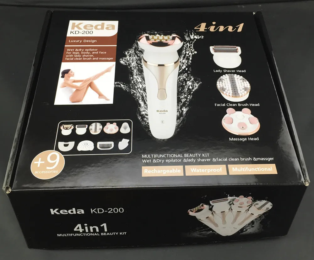 Electric hair remover with plucking head, rechargeable, washable body, Four in One colour