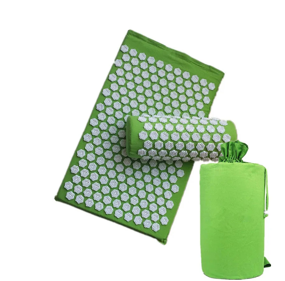 Lotus-shaped acupressure massage mat set with pillow and cloth carrying bag