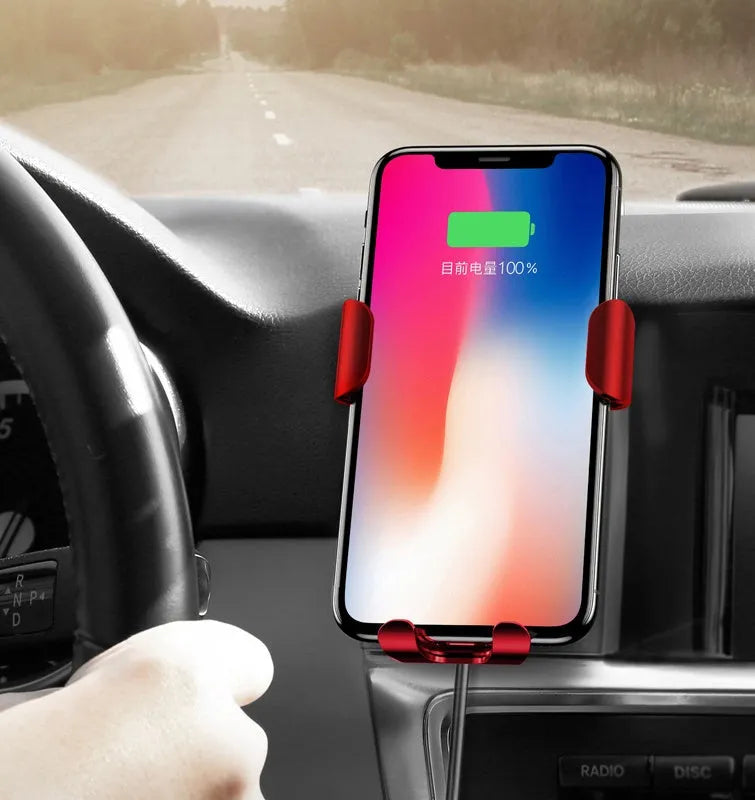 Gravity bracket wireless charging car mount in black for Apple and Samsung phones