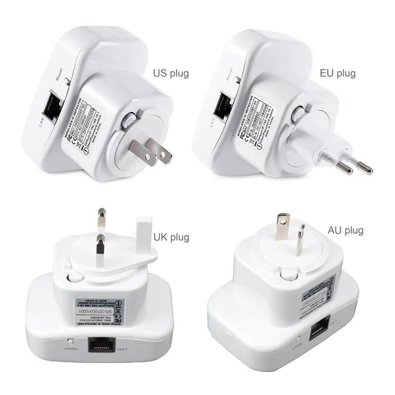 White and black 300Mbps WiFi repeater with integrated antennas and UK plug for wireless signal extension