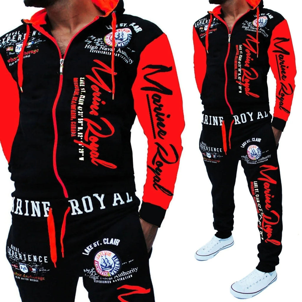 Men's tracksuit 2 piece set with polyester zip top and pants in green, grey, red, yellow, sizes S to 3XL