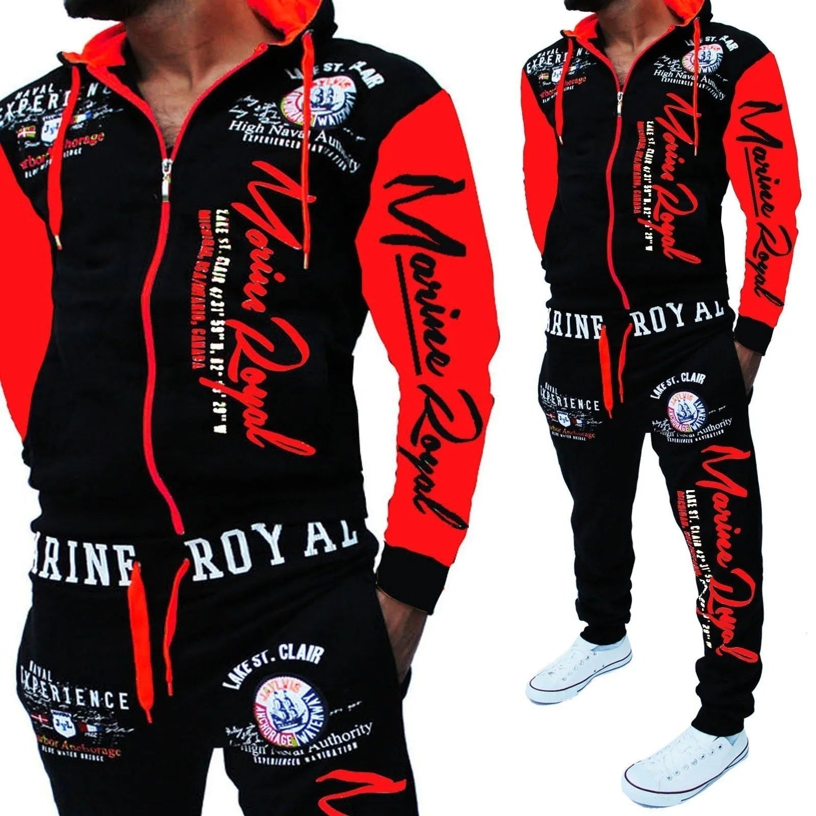 Men's tracksuit 2 piece set with polyester zip top and pants in green, grey, red, yellow, sizes S to 3XL