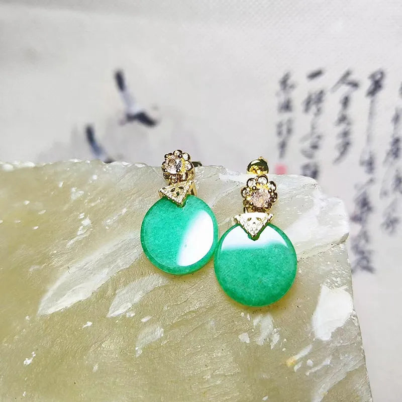 Emerald inlaid jade earrings for women square shape quartz rock lightweight 10g