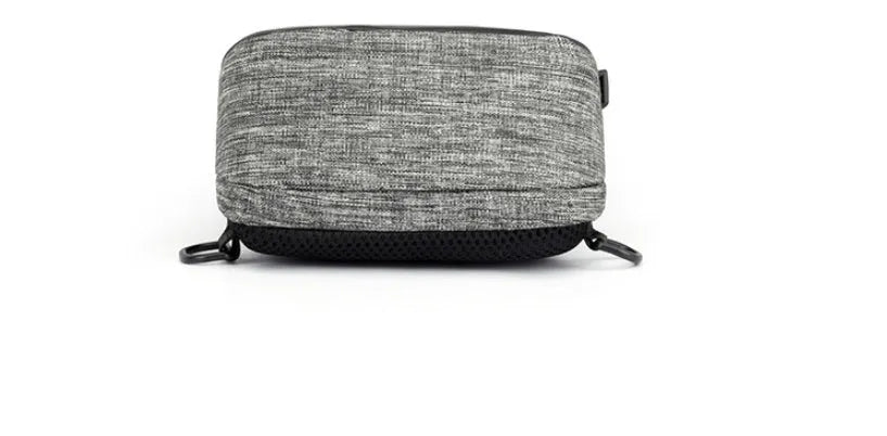 Dark blue Oxford cloth waterproof chest bag with zip and adjustable strap, shown on a person's chest.
