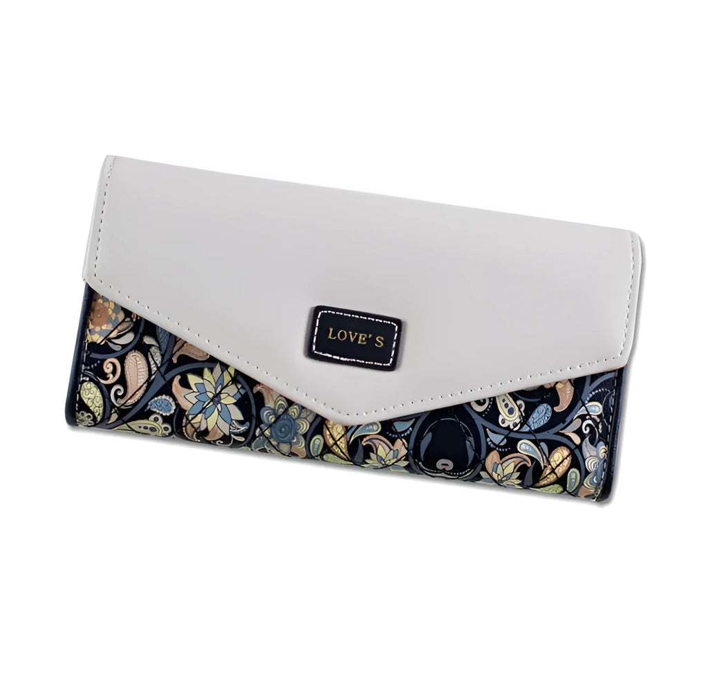 A women's large capacity three-fold PU leather wallet with a buckle, shown in one of five colours.