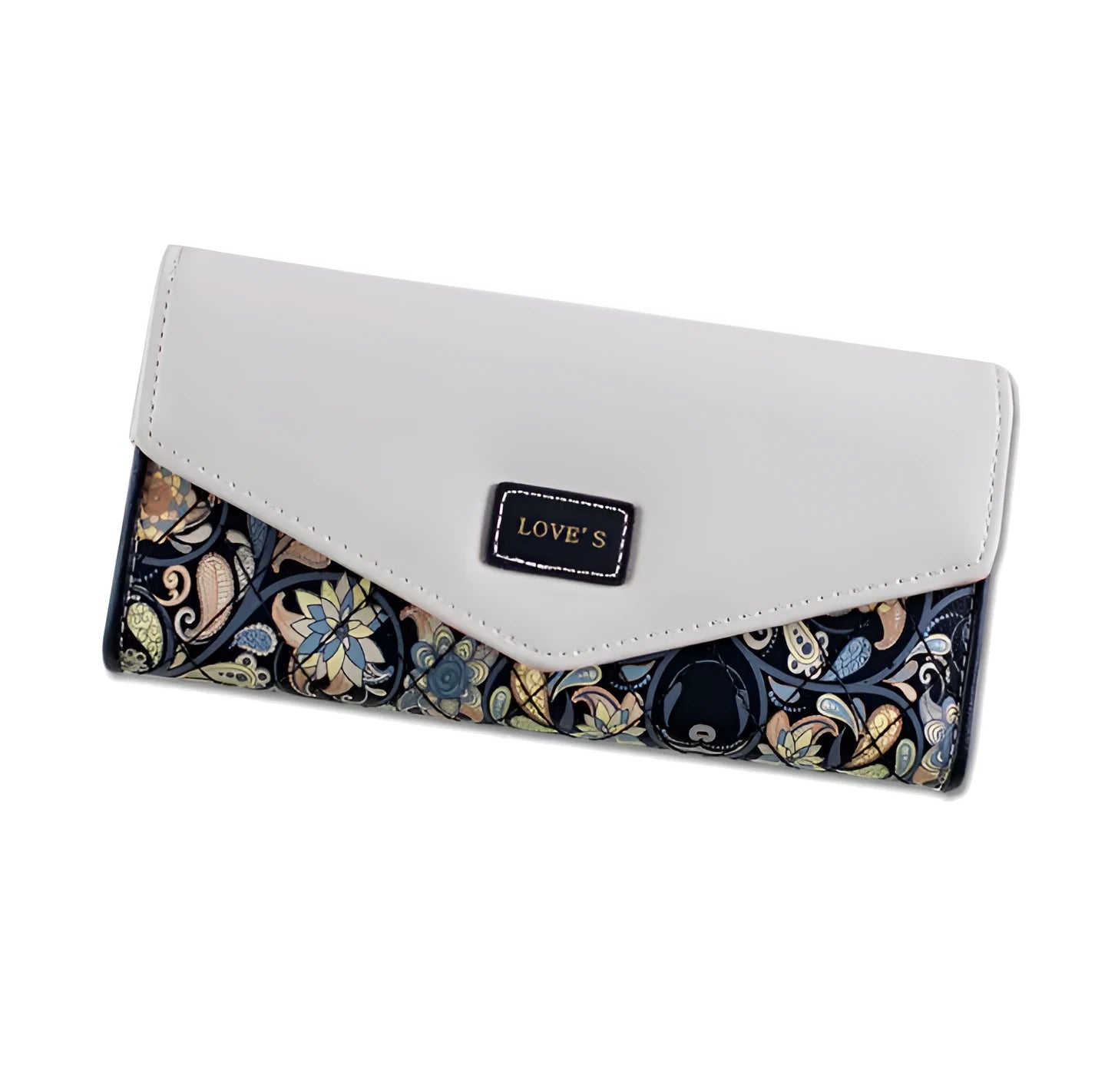 A women's large capacity three-fold PU leather wallet with a buckle, shown in one of five colours.