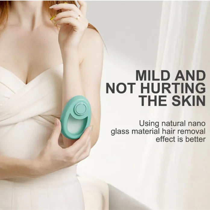 CJEER crystal hair removal device showing nano-glass surface and metal finger ring on compact flat tool