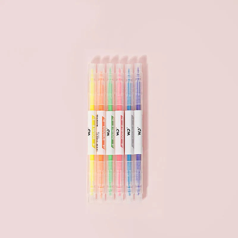 Set of six double-headed marker pens showing round and oblique tips in assorted colours