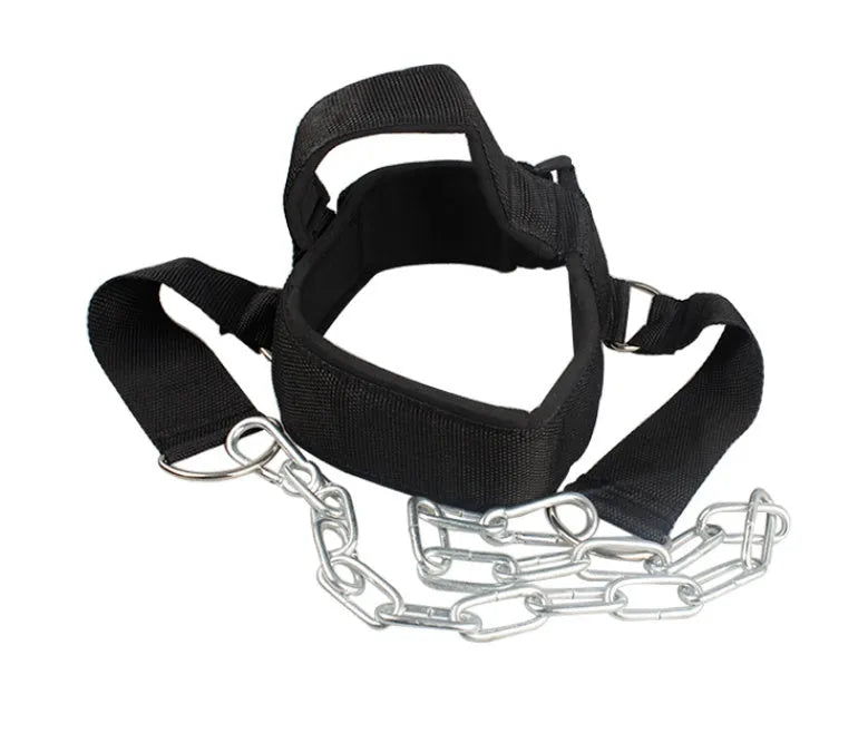 Black head and neck trainer harness with adjustable straps for shoulder and neck strength training