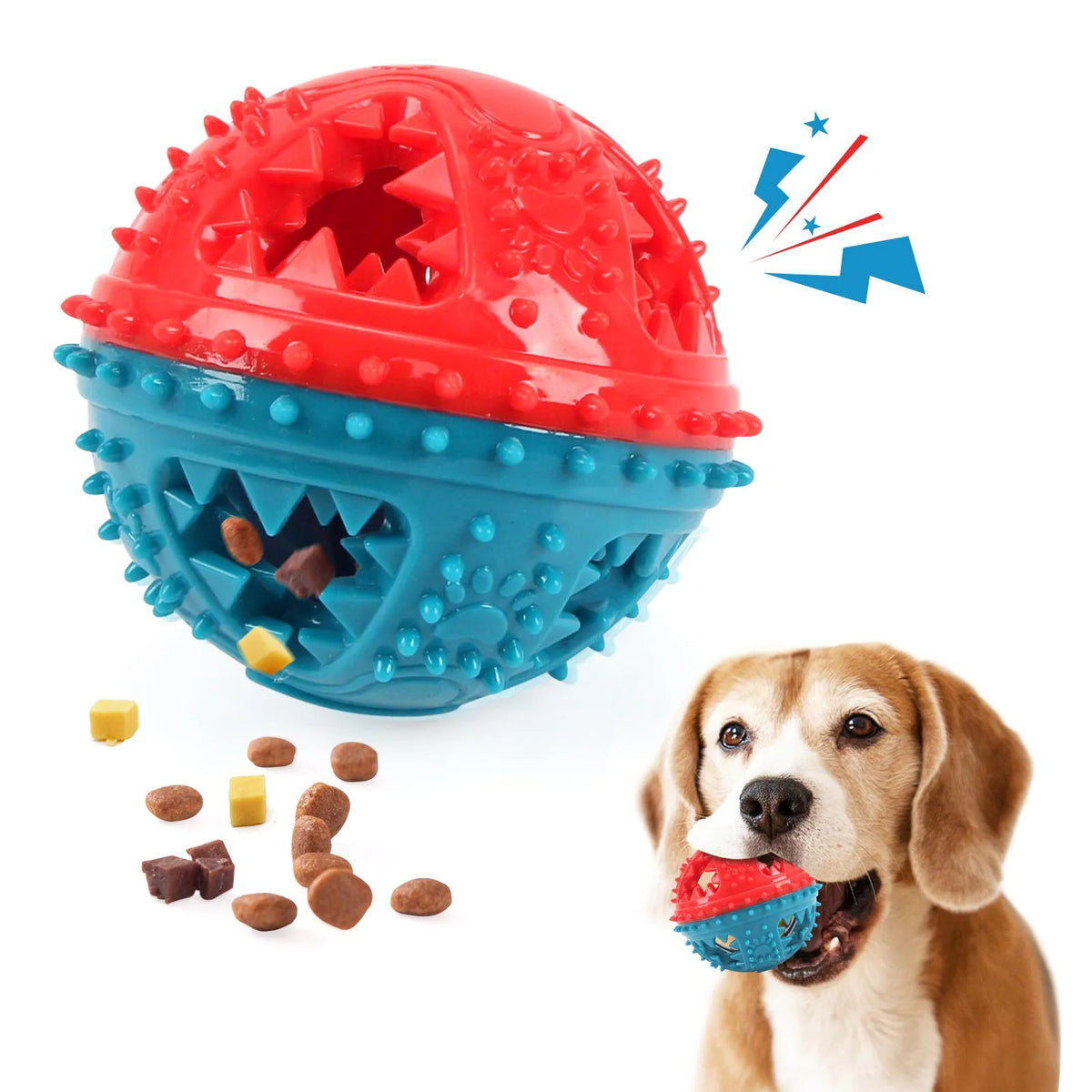 Dog chew toy ball with treat dispenser and bell, 8.4 cm, in red and yellow colour combination