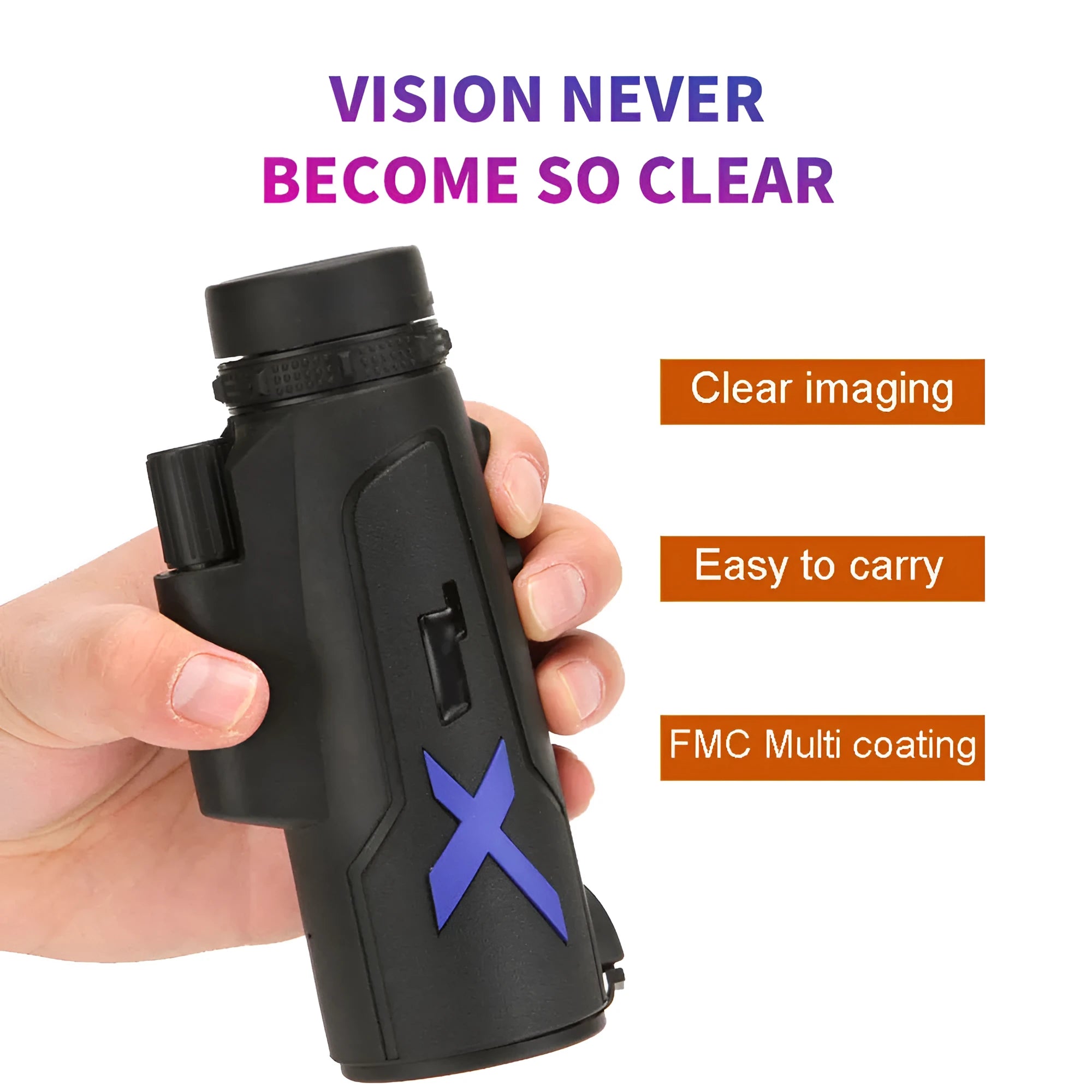 Black monocular telescope with 20x50mm optics and 12x magnification for outdoor observation