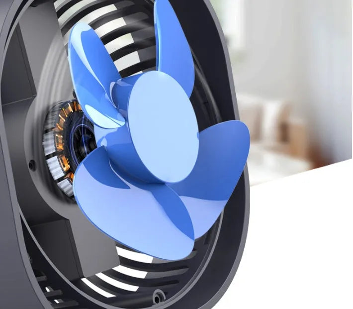 USB desk fan with rotating head in blue colour, showing rotary switch and compact square design.