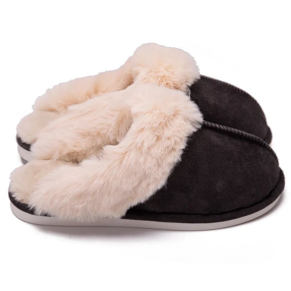 Fur furry plush house slippers with super soft velvet upper and TPR sole, shown in grey, pink, khaki, brown, off white, and brick red