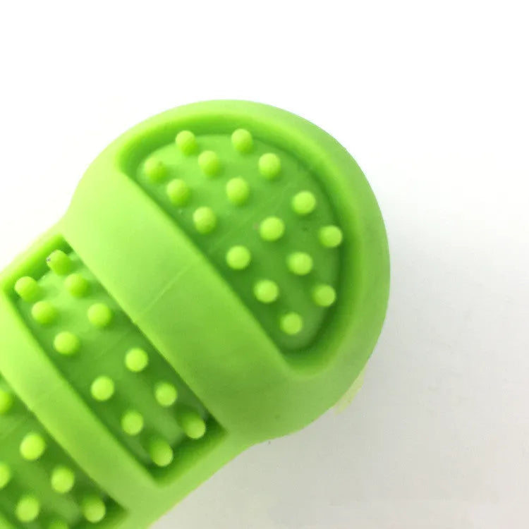 Bone-shaped silicone dog toothbrush with bristles on all sides and top toothpaste hole, in blue or green.
