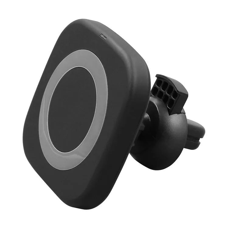 Grey mobile phone wireless charging stand with LED indicator on desk