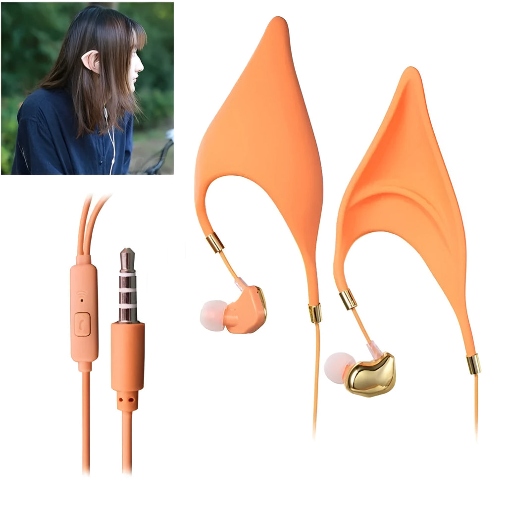 Cartoon elf ear headphones with microphone and 3.5mm cable in fantasy design