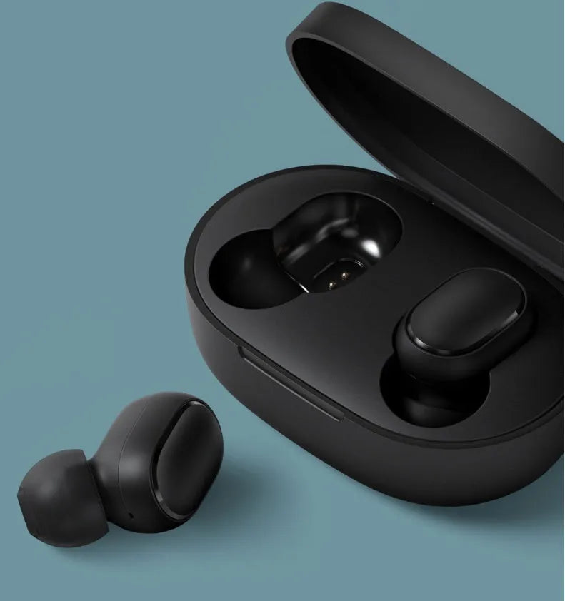 Black Redmi AirDots 2 true wireless earphones with charging case and three sizes of silicone ear tips.