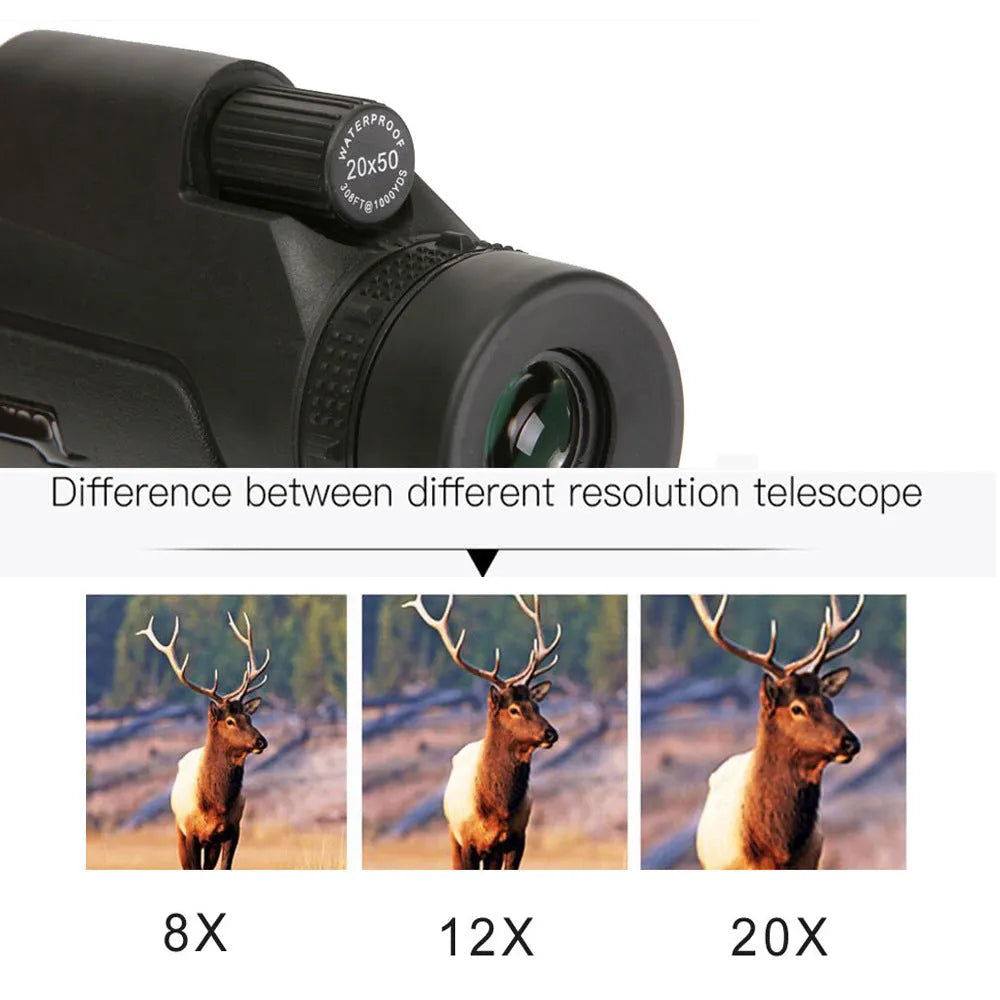 Black monocular telescope with 20x50mm optics and 12x magnification for outdoor observation