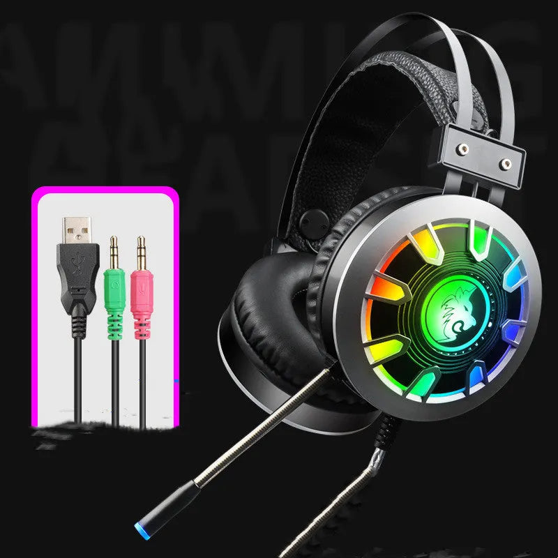 M5 gaming headset with RGB lighting on earcups, leather padding, and a flexible gold steel headband.
