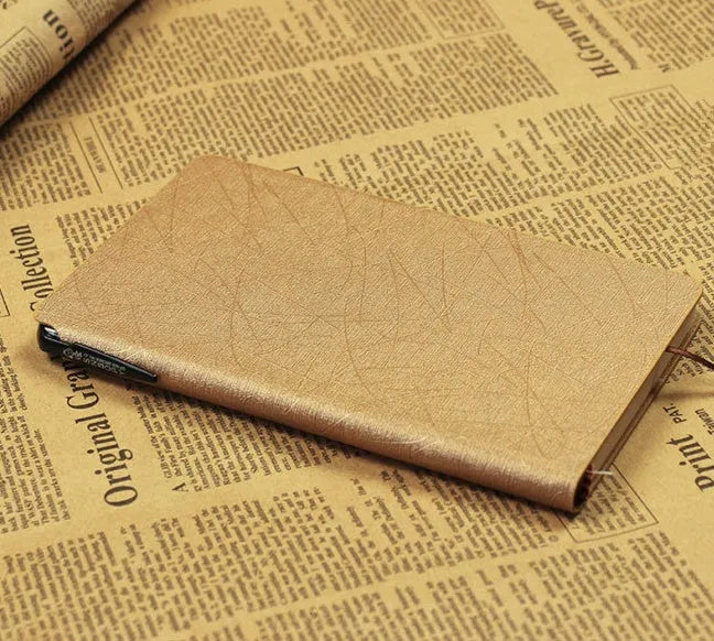 A6 PU leather notebook with pen slot, 100 forest paper pages, black cover, pen design notepad