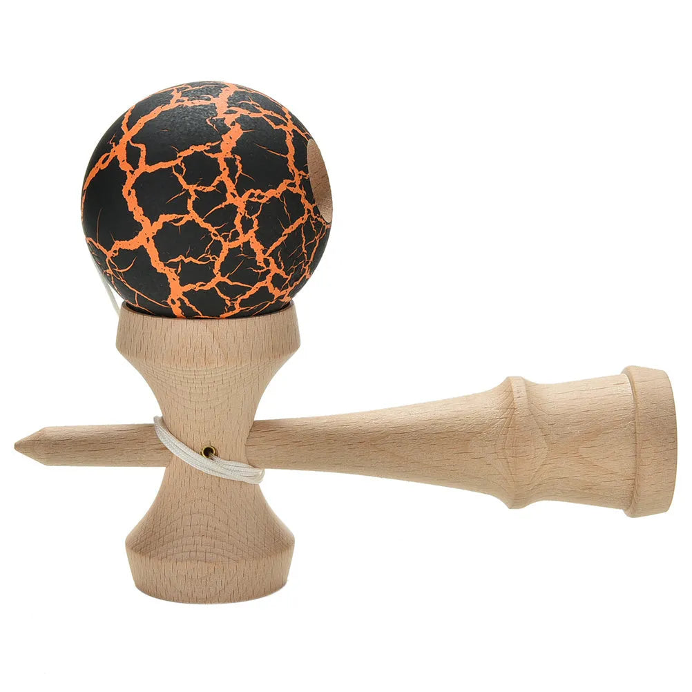 Wooden kendama toy with crack pattern finish, 18.5cm handle, 5.5cm ball, shown in one of seven colours