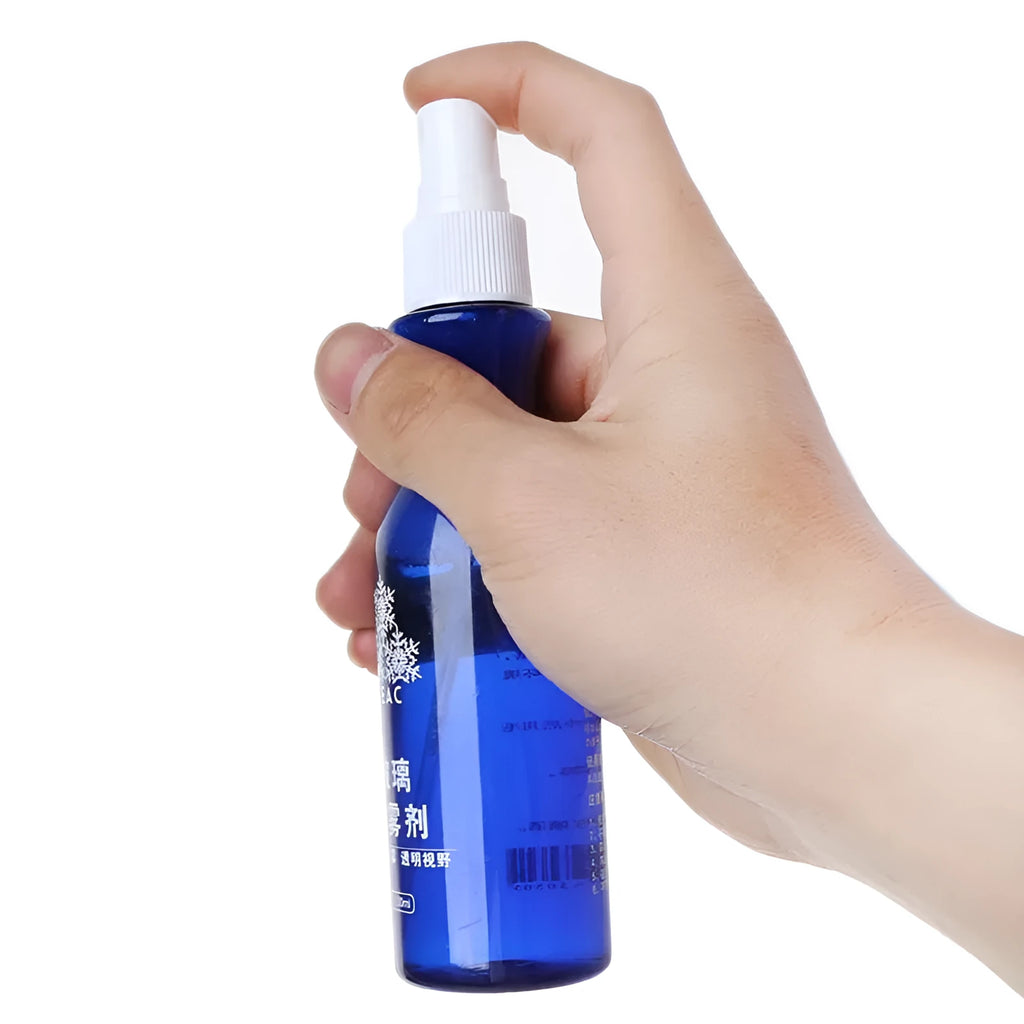 Blue 100 ml bottle of windshield liquid-spray anti-fog agent for car glass rain and mist removal