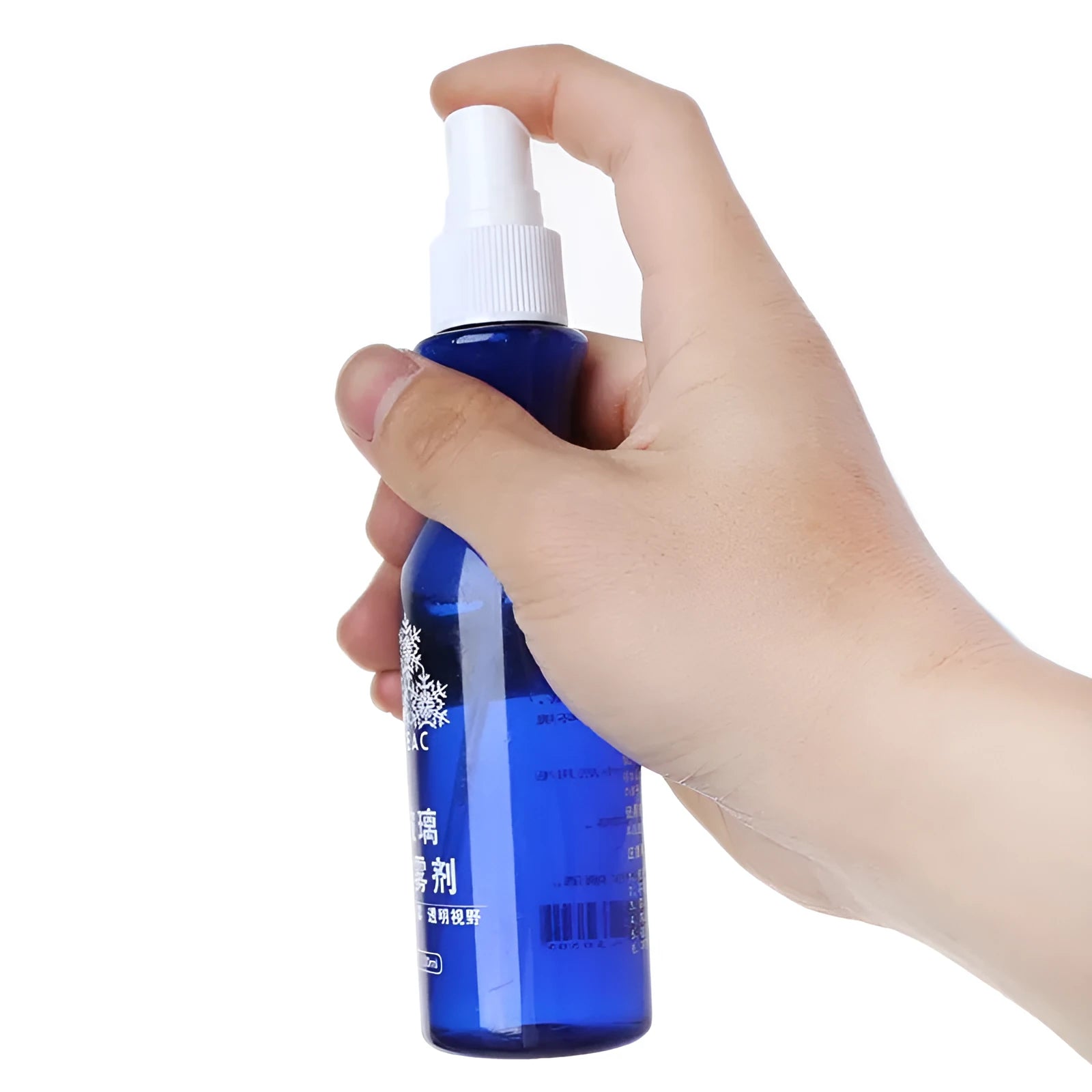 Blue 100 ml bottle of windshield liquid-spray anti-fog agent for car glass rain and mist removal