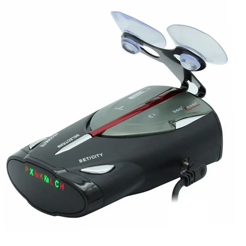XRS9880 bilingual English Russian radar detector with 12V car charger and suction cup bracket