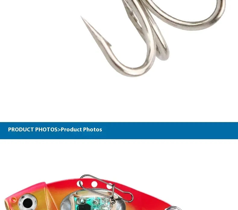 Metal Vib electronic fishing lure with luminous body in blue and red colour options
