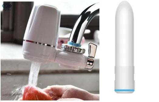 White kitchen faucet water filter with ceramic cartridge and universal thread adapters for tap mounting.