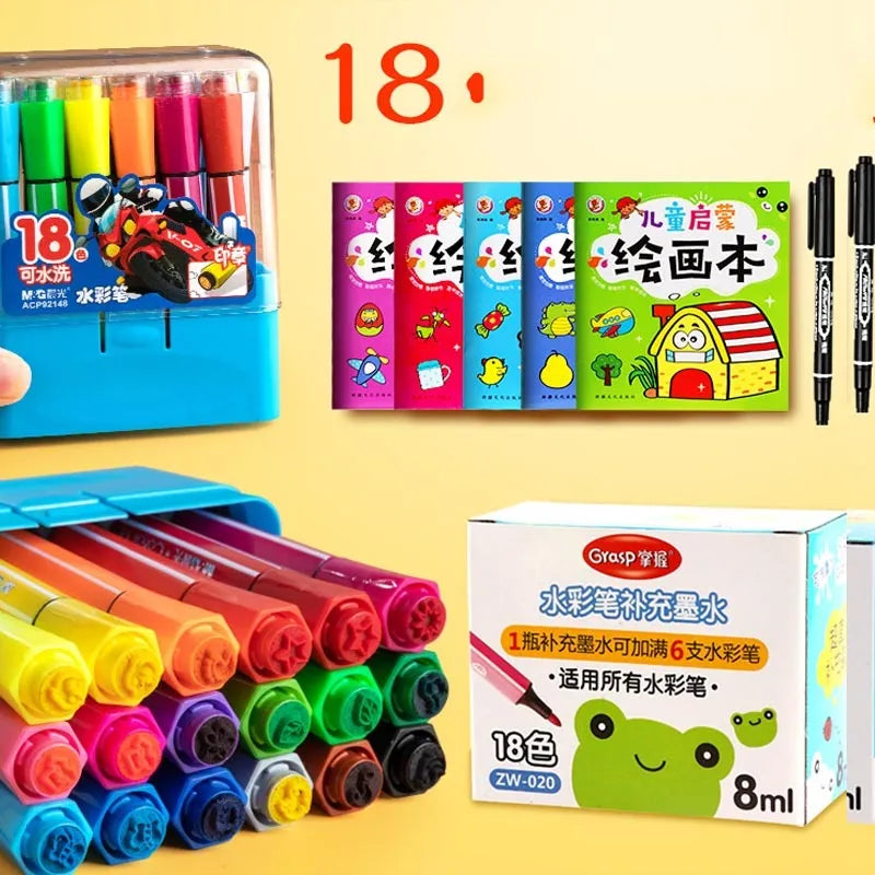 Children's washable painting brushes with hexagonal handles in blue, pink and yellow colours