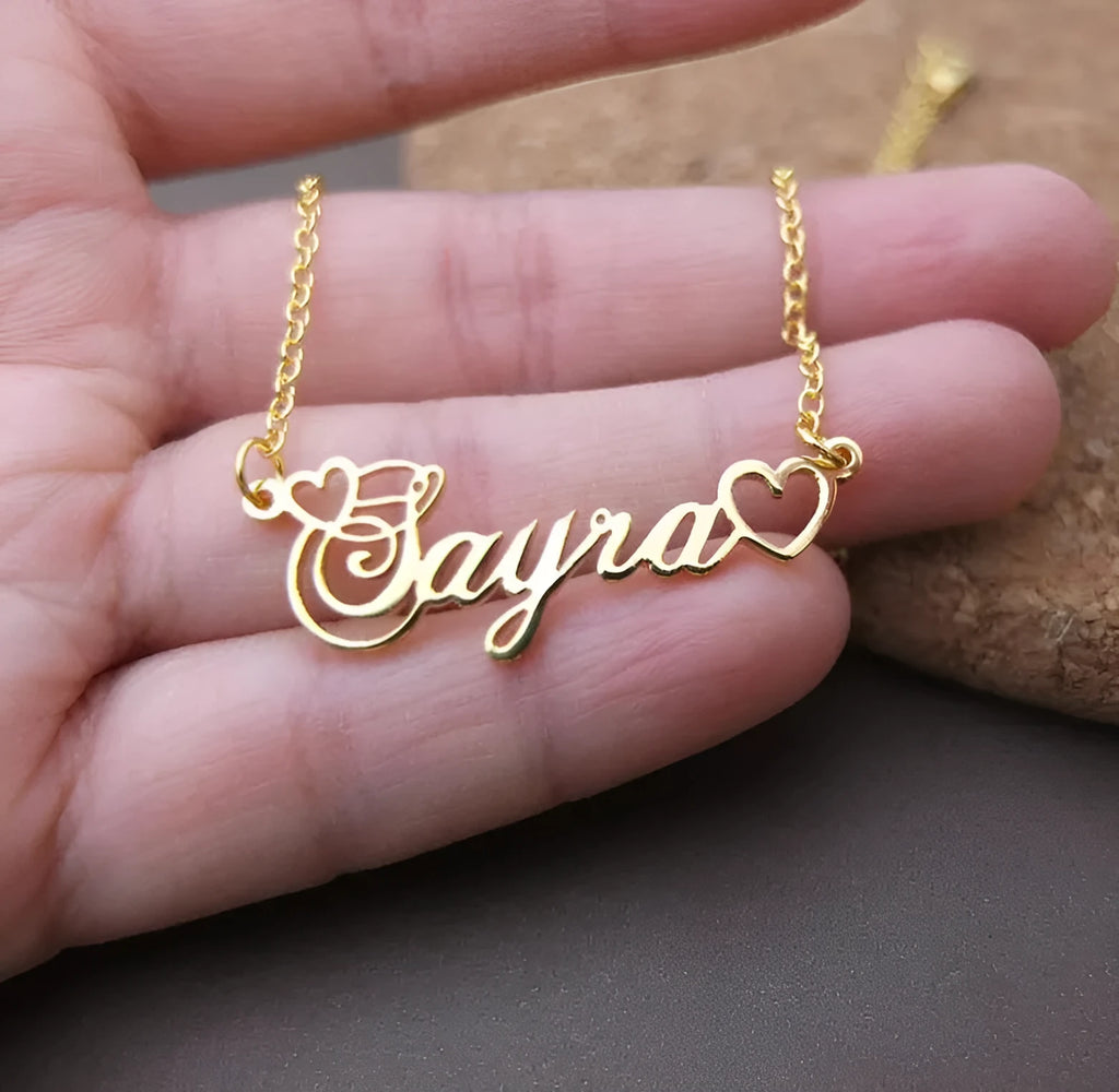 Custom women's name necklace with double empty heart pendant on 45cm stainless steel chain