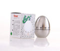 Stainless steel mechanical kitchen timer with egg shape design showing dial and measurement scale