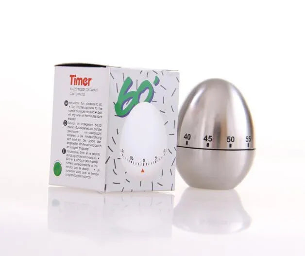 Stainless steel mechanical kitchen timer with egg shape design showing dial and measurement scale
