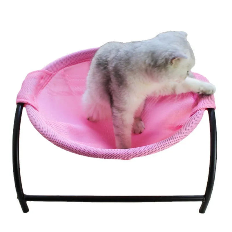 Free-standing cat hammock bed with breathable mesh fabric, detachable washable nest, and four iron legs.