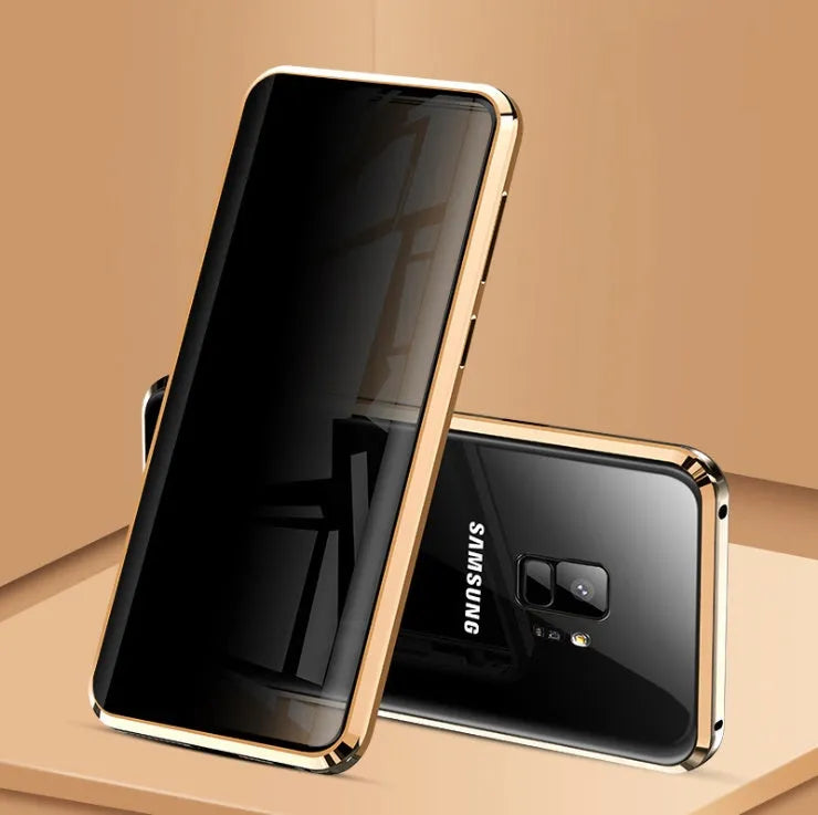 Black clamshell magnetic anti-peeping phone case for Samsung Galaxy phones, shown open and closed.