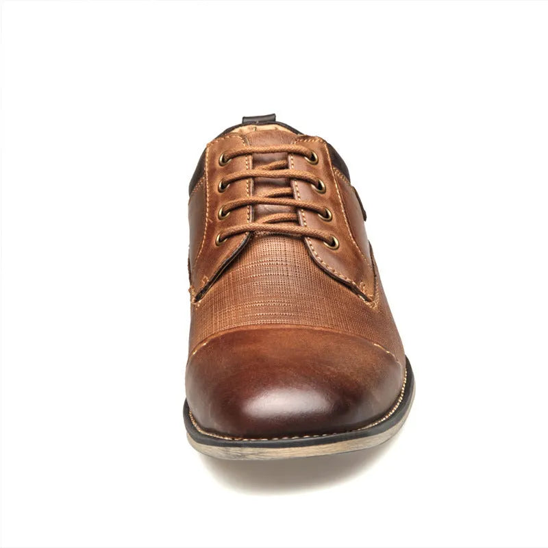 Pair of men's brown cowhide formal leather shoes with rubber soles, lace-up style, sizes 8 to 13