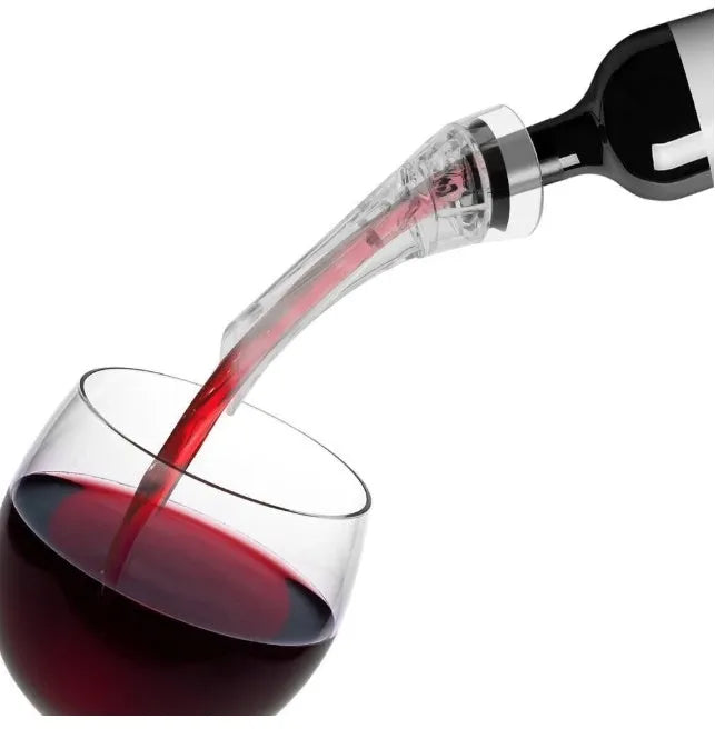 A clear acrylic wine aerator with a stainless steel filter, measuring 16cm long.