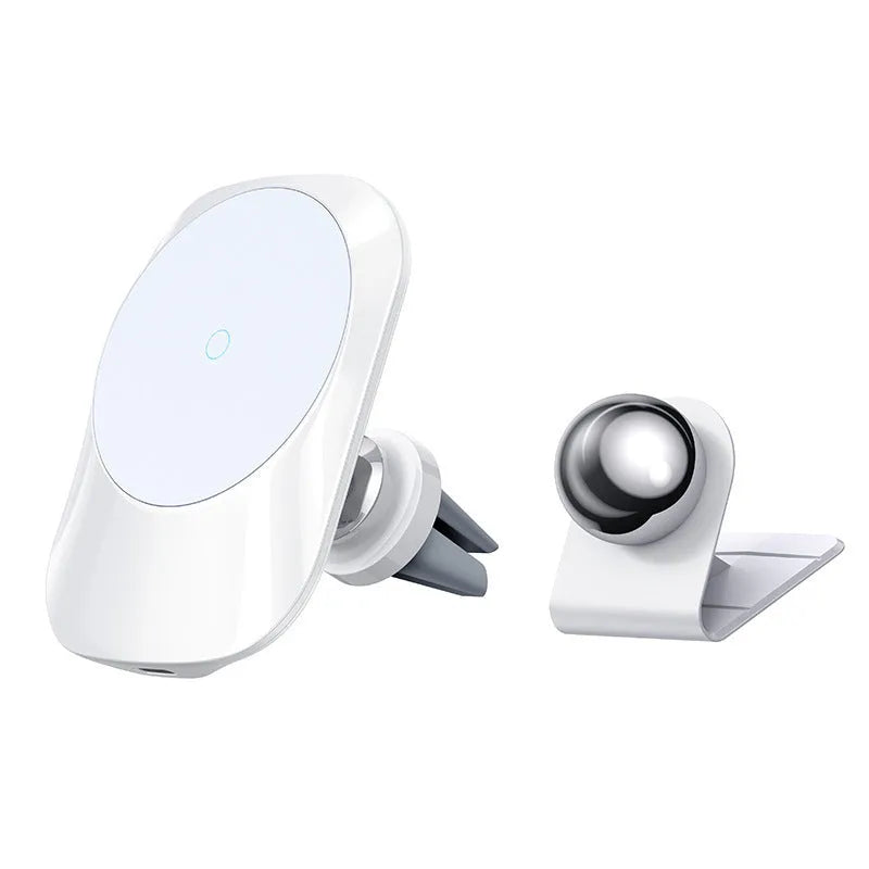 Magnetic car wireless charger with air vent clip and dashboard adhesive mounting bases
